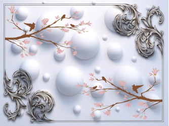 3D фотообои Белые шары с птицами на ветвях