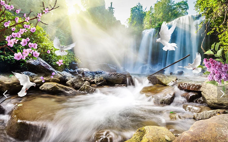 3D фотообои в прихожую, гостиную Водопад и голуби