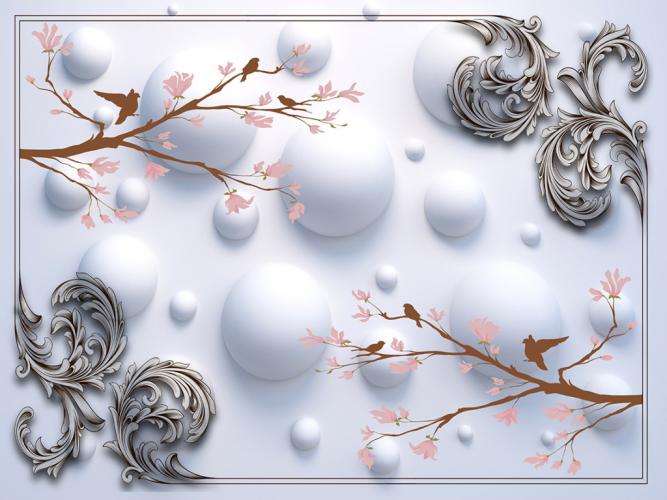3D фотообои Белые шары с птицами на ветвях